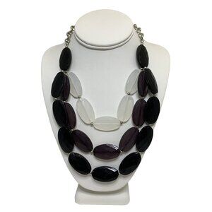Triple Strand Statement Necklace Black Purple And White Acrylic Bead (1952)